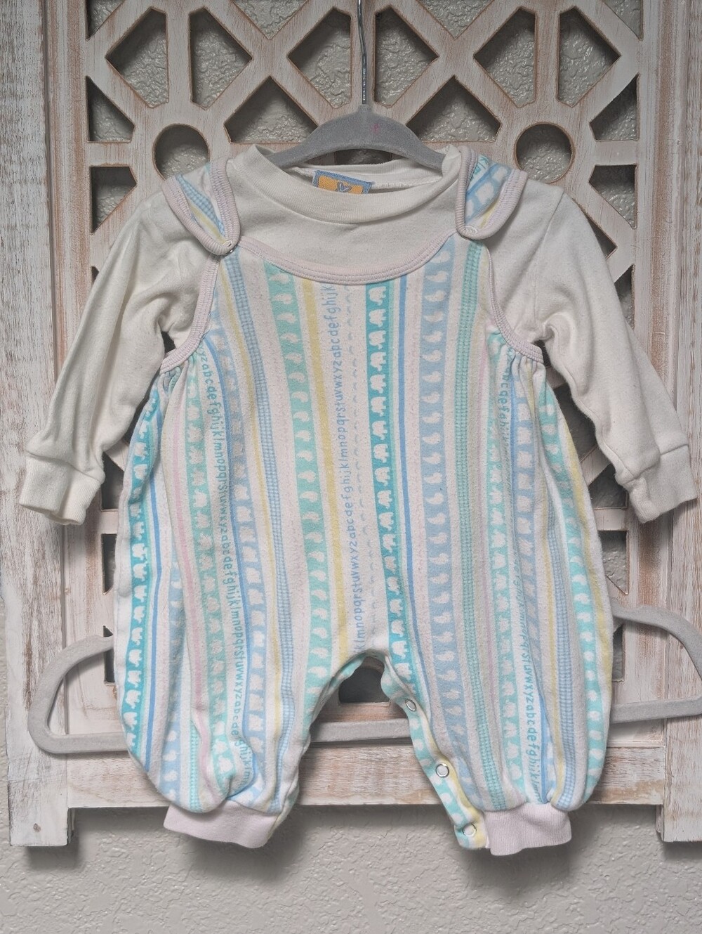 Vintage Baby Sprockets 2 piece overalls outfit unisex 3-6 mos alphabet pastel - Picture 1 of 8
